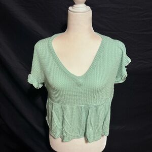 Sage Green V-Neck Ruffle Sleeve Top